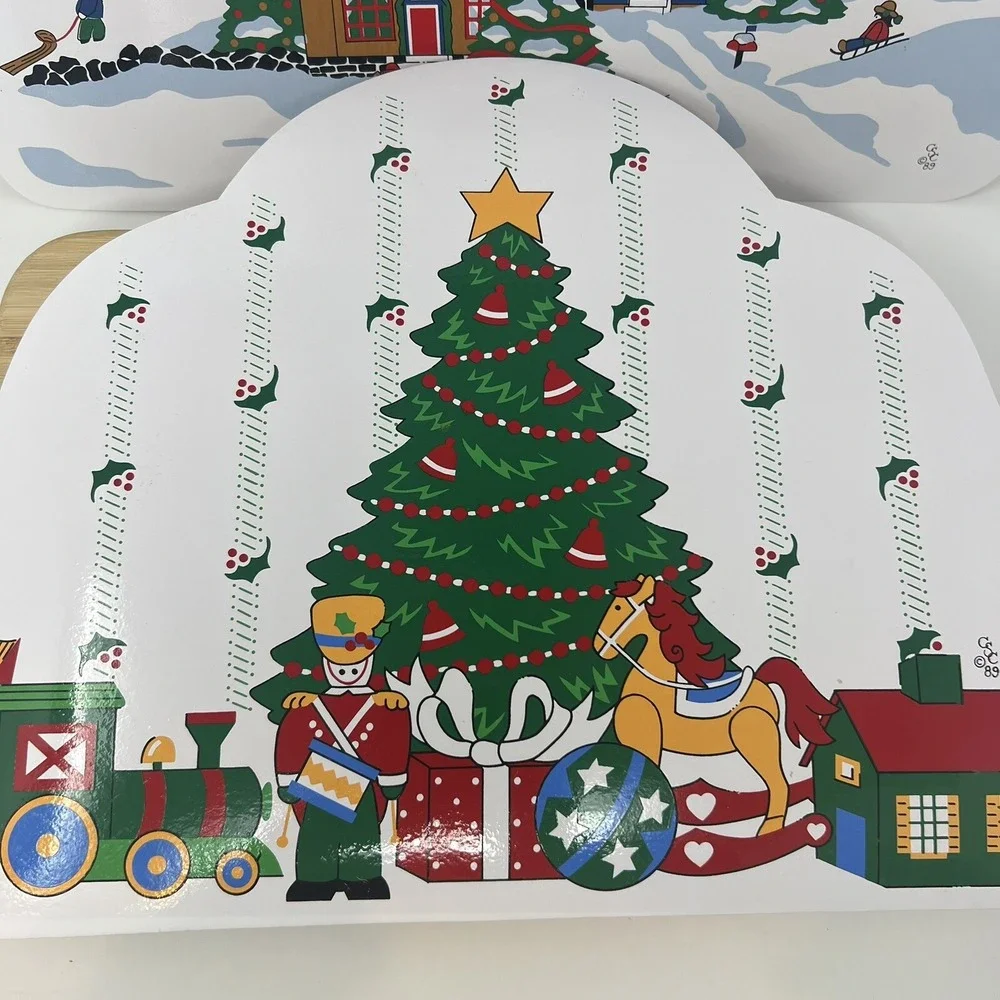 Vintage Lot 5 Vinyl Christmas Placemats Holiday Houses Trees Sledding Train 1989 - Picture 4 of 7
